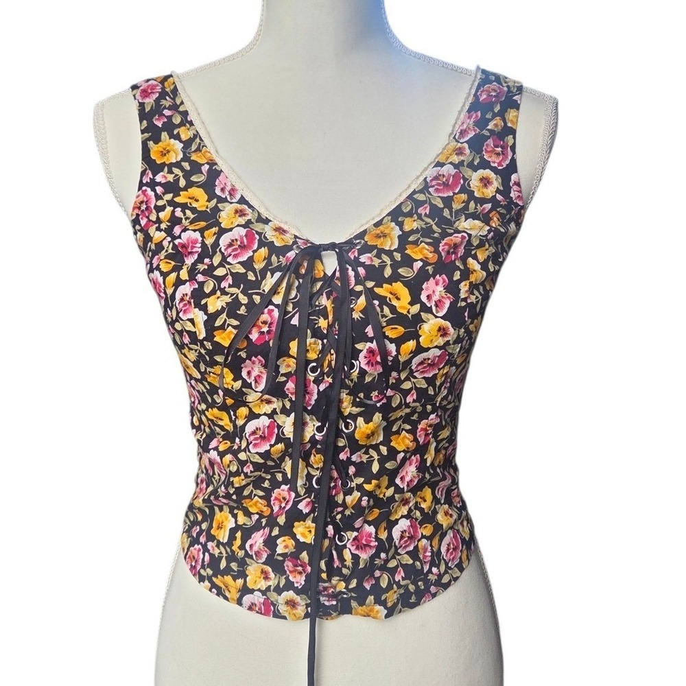 American Rag Cie Dark Floral Corset Top Small Lace Up Milkmaid Cottagecore Boho